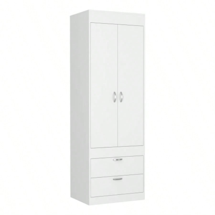 Armoire 70H, Double Door Cabinet, Two Drawers, Metal Handles, Rod, White