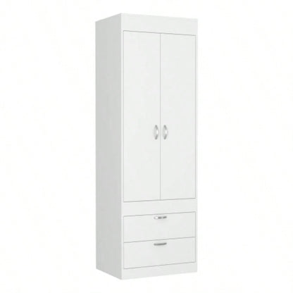 Armoire 70H, Double Door Cabinet, Two Drawers, Metal Handles, Rod, White