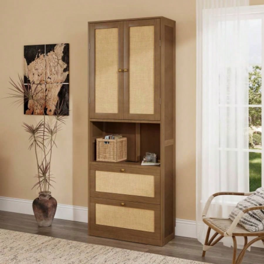 2 Doors Bookshelf with USB Port and 3 Drawers Side Cabinet Storage Shelves, Walnut