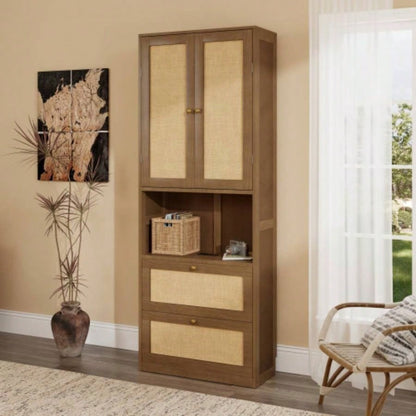 2 Doors Bookshelf with USB Port and 3 Drawers Side Cabinet Storage Shelves, Walnut