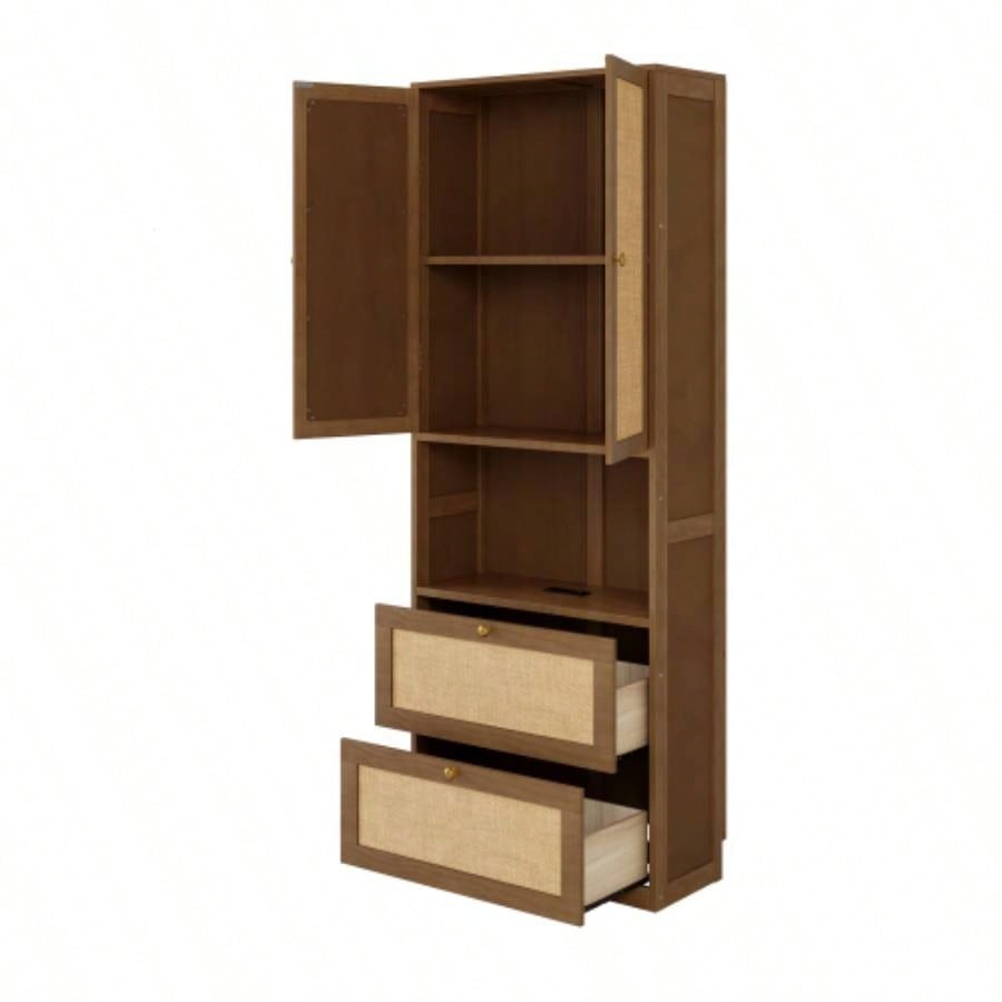 2 Doors Bookshelf with USB Port and 3 Drawers Side Cabinet Storage Shelves, Walnut