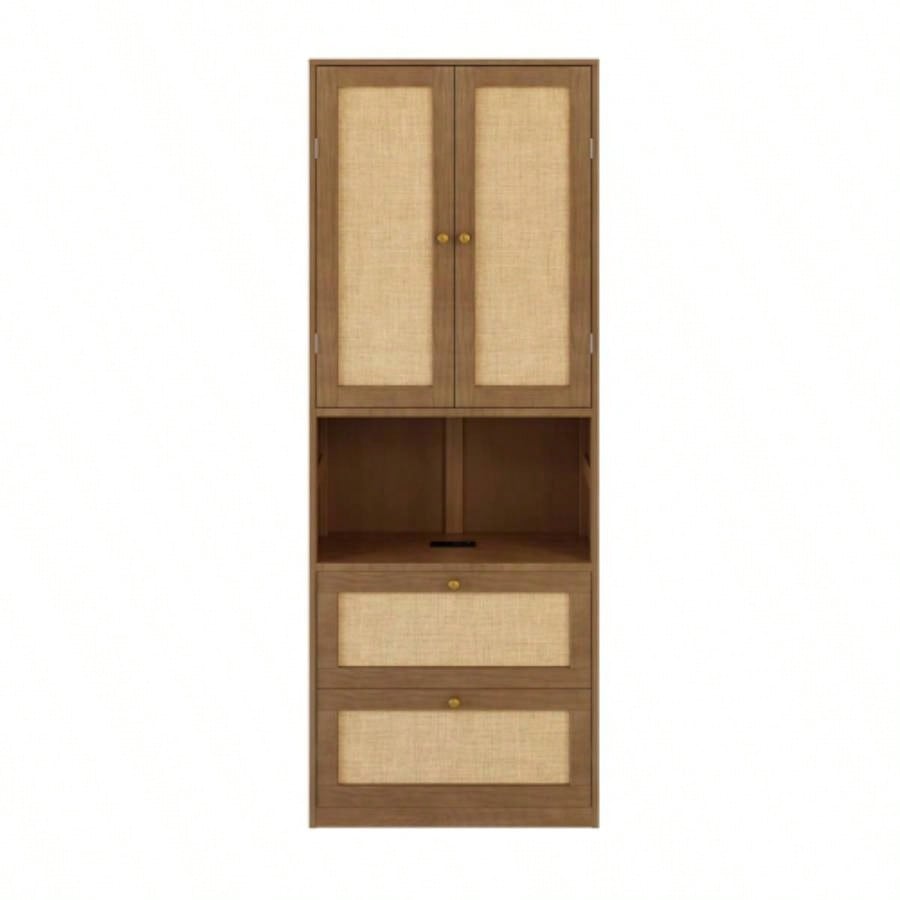 2 Doors Bookshelf with USB Port and 3 Drawers Side Cabinet Storage Shelves, Walnut