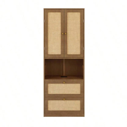 2 Doors Bookshelf with USB Port and 3 Drawers Side Cabinet Storage Shelves, Walnut