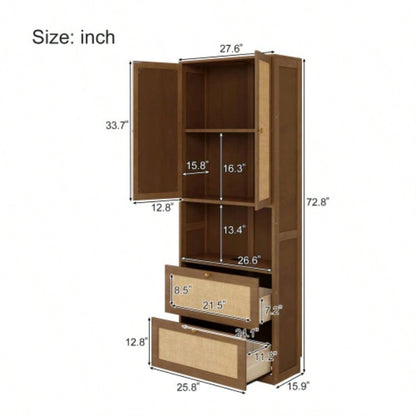 2 Doors Bookshelf with USB Port and 3 Drawers Side Cabinet Storage Shelves, Walnut