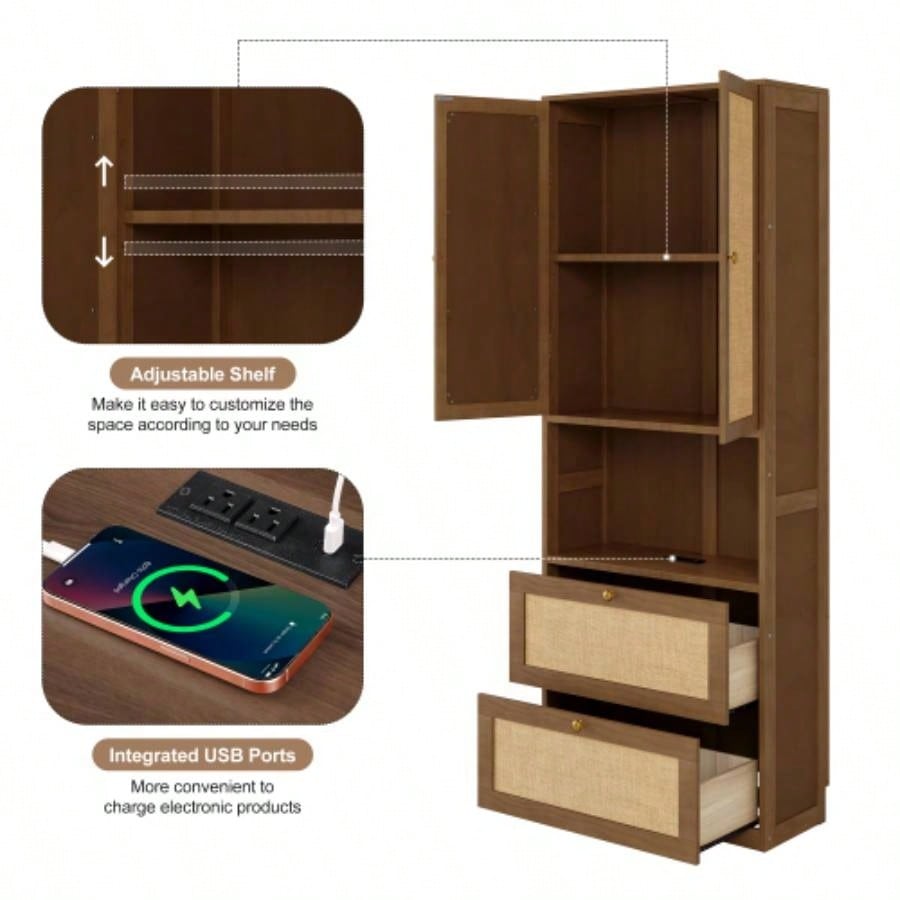 2 Doors Bookshelf with USB Port and 3 Drawers Side Cabinet Storage Shelves, Walnut