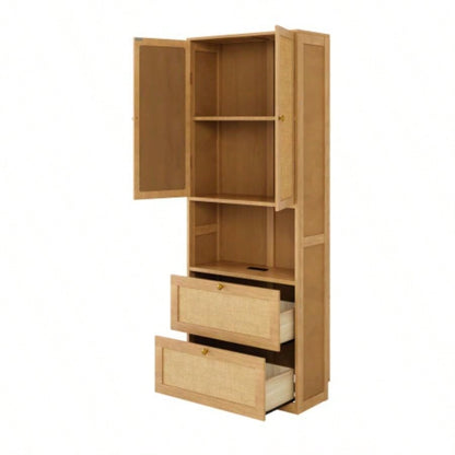 2 Doors Bookshelf with USB Port and 3 Drawers Side Cabinet Storage Shelves, Natural