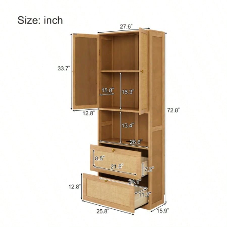 2 Doors Bookshelf with USB Port and 3 Drawers Side Cabinet Storage Shelves, Natural
