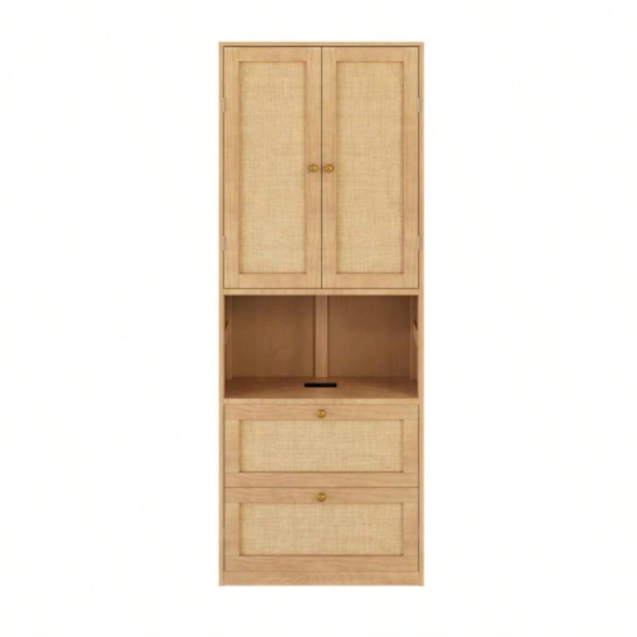 2 Doors Bookshelf with USB Port and 3 Drawers Side Cabinet Storage Shelves, Natural