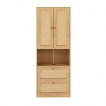 2 Doors Bookshelf with USB Port and 3 Drawers Side Cabinet Storage Shelves, Natural