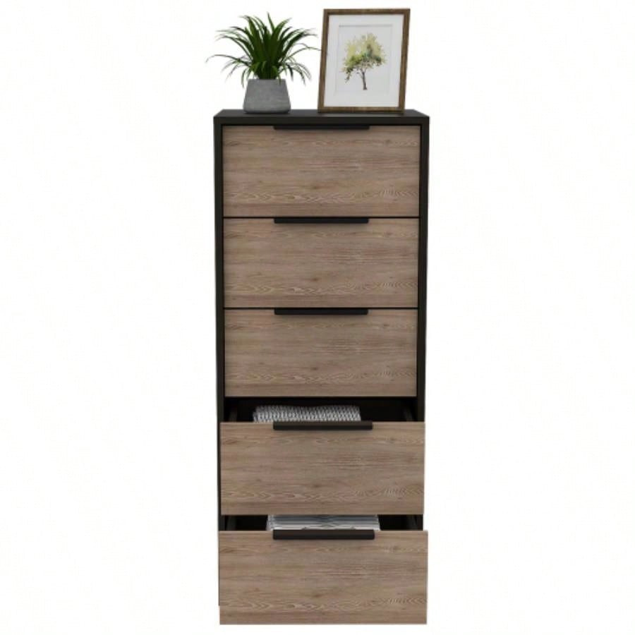 Dresser 42H, 5 Drawer, Vertical Dresser, Black/ Light Oak