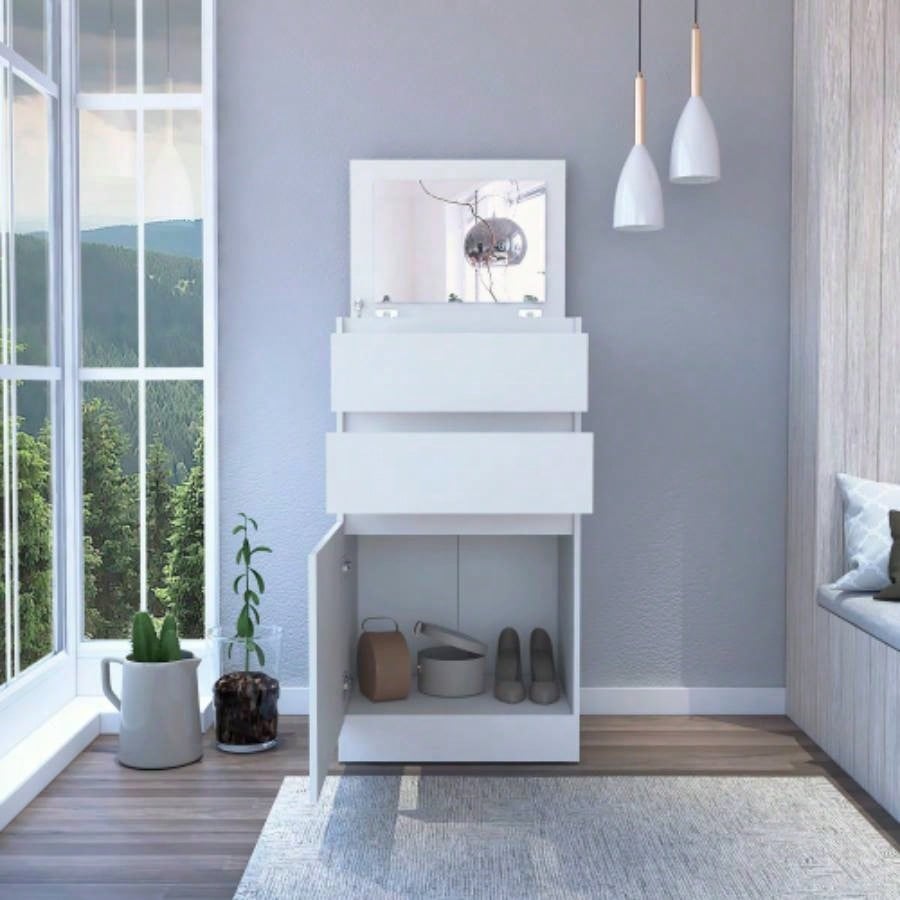 Dresser 43H, Jewelry Box, Mirror, Single Door Cabinet, Two Drawers, White