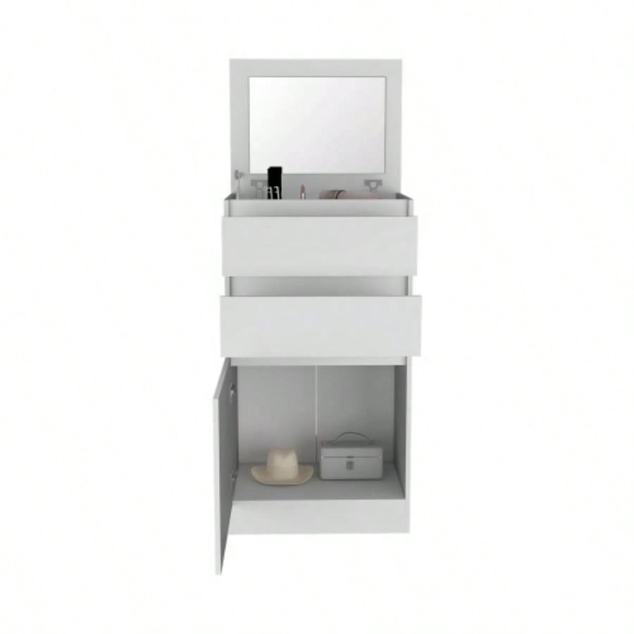 Dresser 43H, Jewelry Box, Mirror, Single Door Cabinet, Two Drawers, White