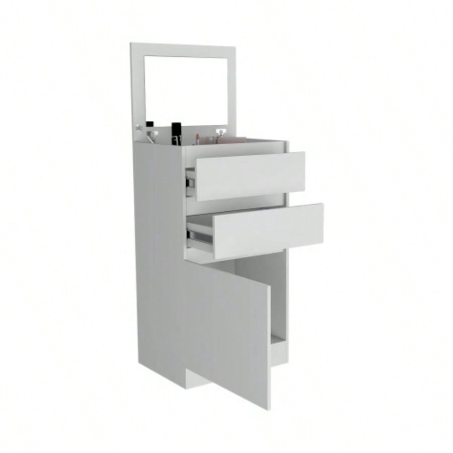 Dresser 43H, Jewelry Box, Mirror, Single Door Cabinet, Two Drawers, White