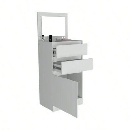 Dresser 43H, Jewelry Box, Mirror, Single Door Cabinet, Two Drawers, White