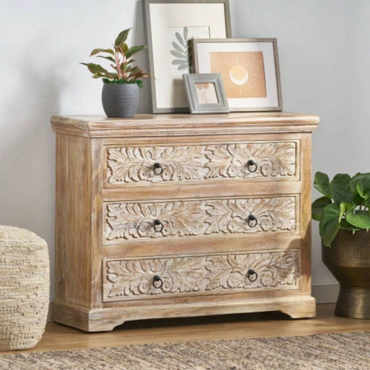 Acacia Wood 3 Drawer Dresser, 40 Inches Wide Accent Storage Cabinet