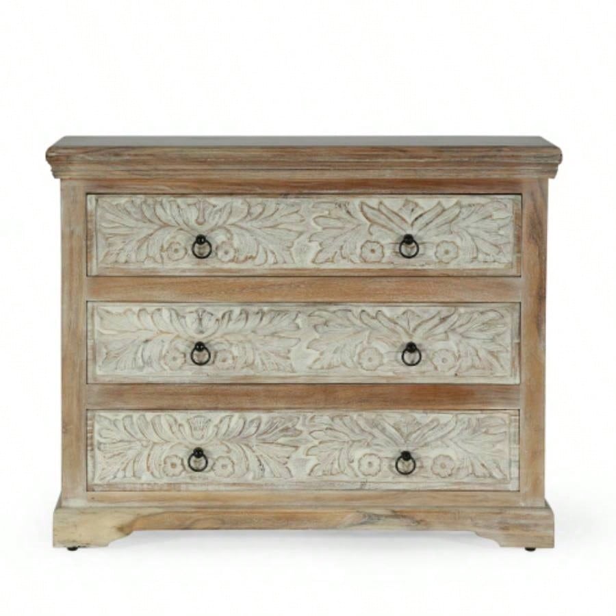 Acacia Wood 3 Drawer Dresser, 40 Inches Wide Accent Storage Cabinet