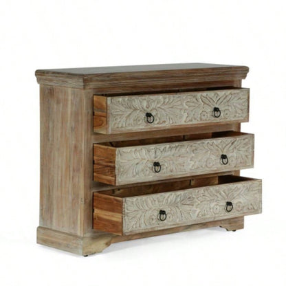 Acacia Wood 3 Drawer Dresser, 40 Inches Wide Accent Storage Cabinet