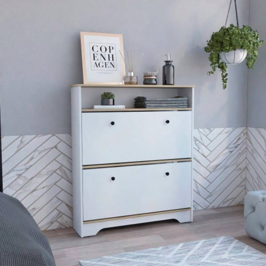 Shoe Rack 46 H, One Open Storage Shelf, Two Internal Storage Drawers, Two Doors, Light Oak/ White