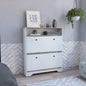 Shoe Rack 46 H, One Open Storage Shelf, Two Internal Storage Drawers, Two Doors, Light Oak/ White