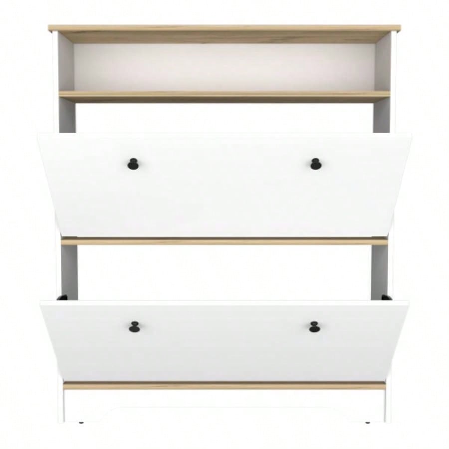 Shoe Rack 46 H, One Open Storage Shelf, Two Internal Storage Drawers, Two Doors, Light Oak/ White