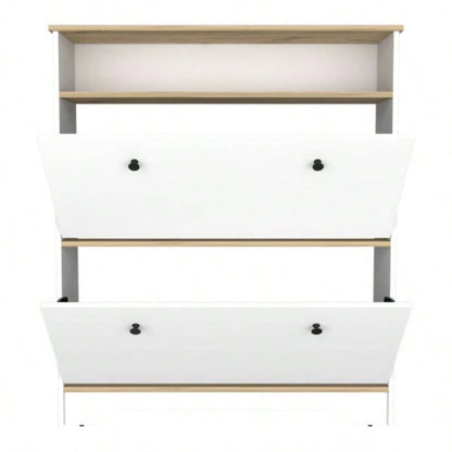 Shoe Rack 46 H, One Open Storage Shelf, Two Internal Storage Drawers, Two Doors, Light Oak/ White