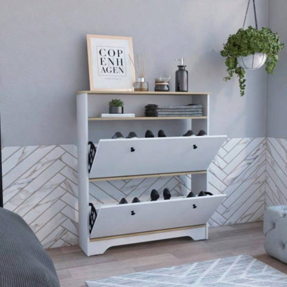 Shoe Rack 46 H, One Open Storage Shelf, Two Internal Storage Drawers, Two Doors, Light Oak/ White