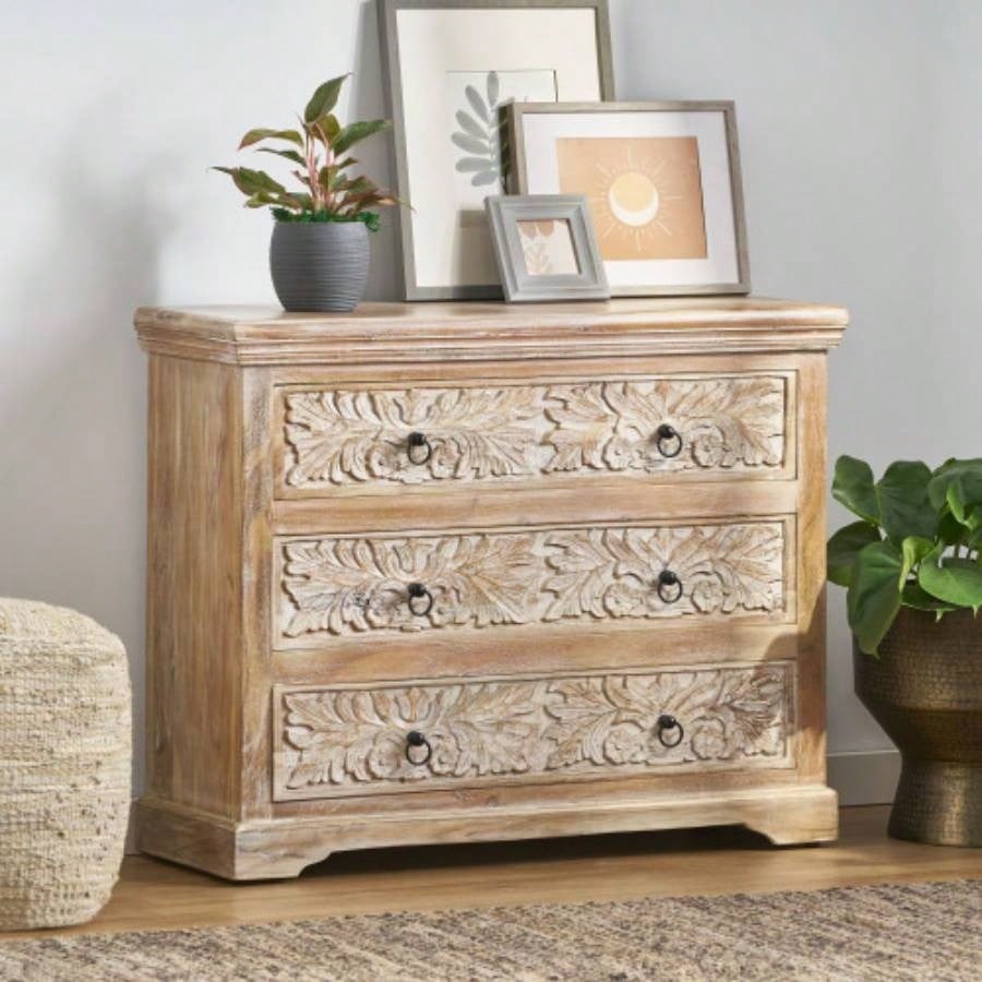 Acacia Wood 3 Drawer Dresser, 40 Inches Wide Accent Storage Cabinet