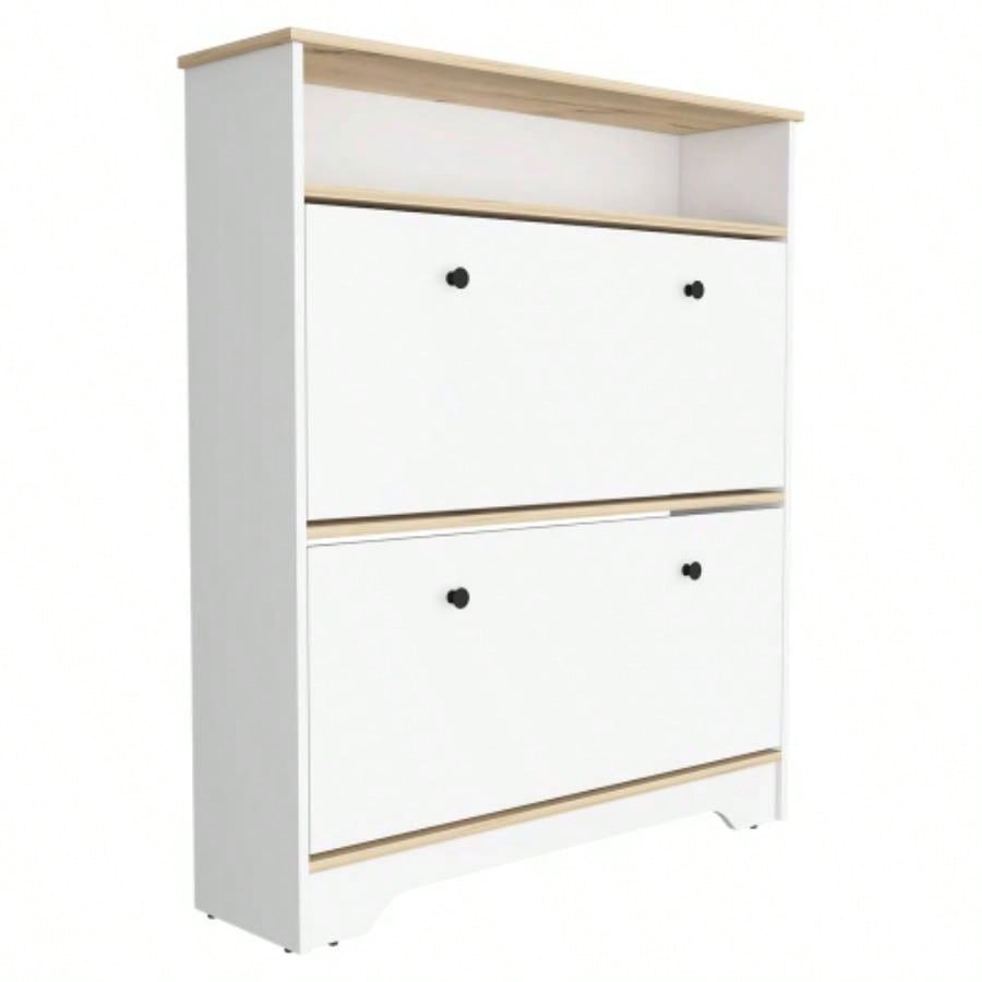 Shoe Rack 46 H, One Open Storage Shelf, Two Internal Storage Drawers, Two Doors, Light Oak/ White