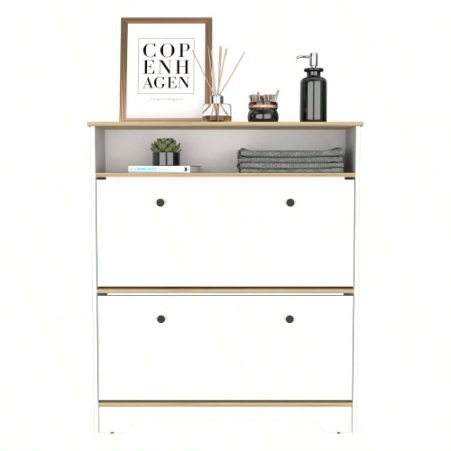 Shoe Rack 46 H, One Open Storage Shelf, Two Internal Storage Drawers, Two Doors, Light Oak/ White