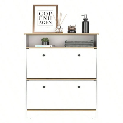 Shoe Rack 46 H, One Open Storage Shelf, Two Internal Storage Drawers, Two Doors, Light Oak/ White