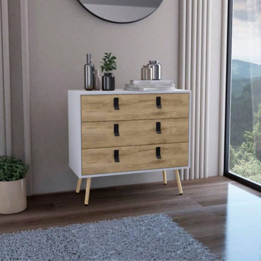 Dresser 29H, 3 Drawers Dresser with Handles and Wooden, White/ Macadamia