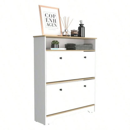 Shoe Rack 46 H, One Open Storage Shelf, Two Internal Storage Drawers, Two Doors, Light Oak/ White