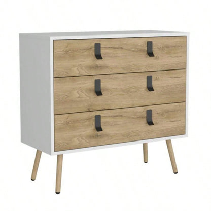 Dresser 29H, 3 Drawers Dresser with Handles and Wooden, White/ Macadamia