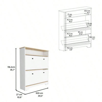 Shoe Rack 46 H, One Open Storage Shelf, Two Internal Storage Drawers, Two Doors, Light Oak/ White