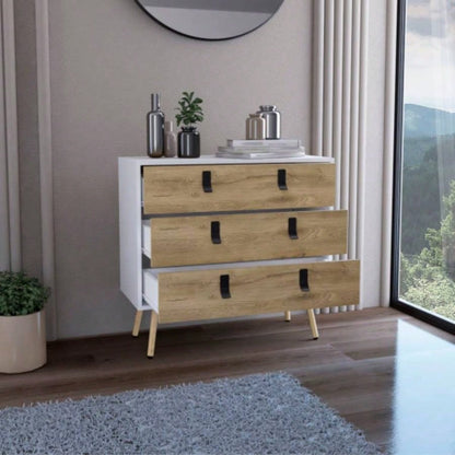 Dresser 29H, 3 Drawers Dresser with Handles and Wooden, White/ Macadamia