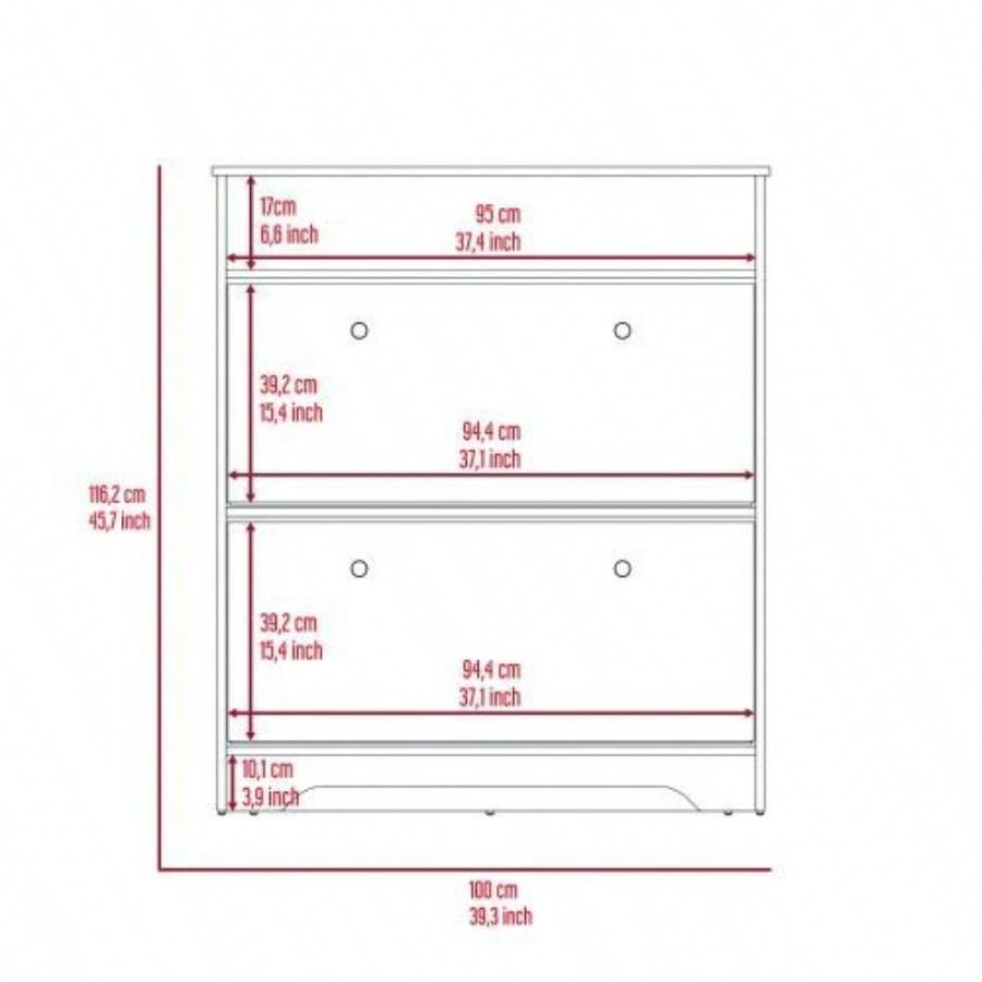 Shoe Rack 46 H, One Open Storage Shelf, Two Internal Storage Drawers, Two Doors, Light Oak/ White