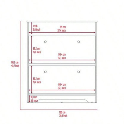Shoe Rack 46 H, One Open Storage Shelf, Two Internal Storage Drawers, Two Doors, Light Oak/ White