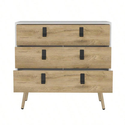Dresser 29H, 3 Drawers Dresser with Handles and Wooden, White/ Macadamia