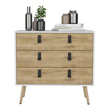 Dresser 29H, 3 Drawers Dresser with Handles and Wooden, White/ Macadamia