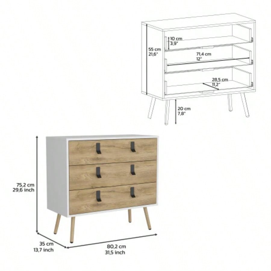 Dresser 29H, 3 Drawers Dresser with Handles and Wooden, White/ Macadamia