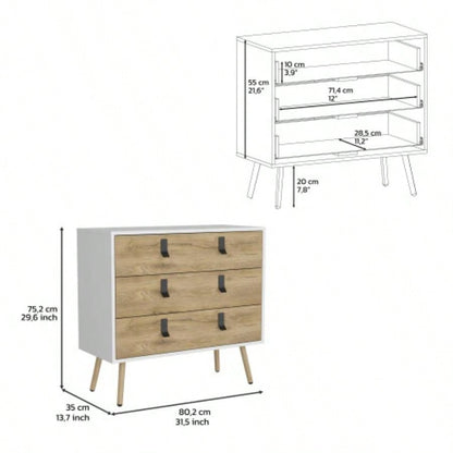 Dresser 29H, 3 Drawers Dresser with Handles and Wooden, White/ Macadamia