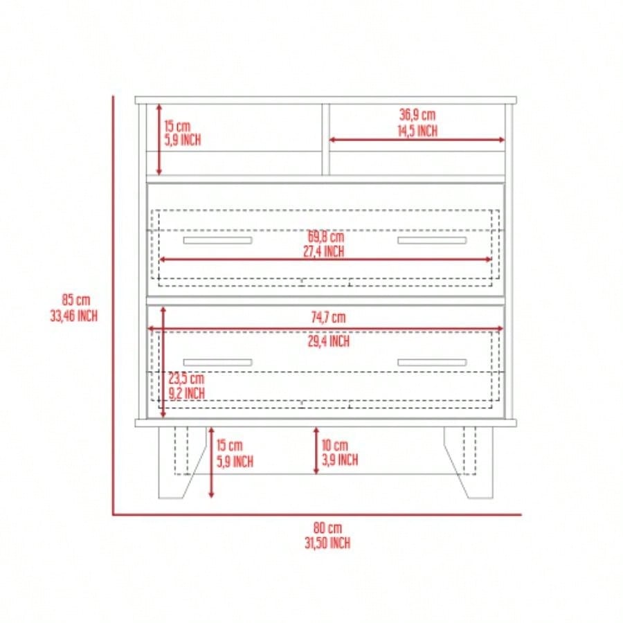 Portobelo Two Drawer Dresser, Two Shelves, Superior Top, Four