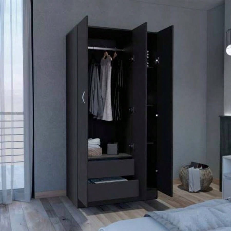 Wardrobe Armoire 71H with 3 - Doors and 2 - Inner Drawers, 3 Doors, Black