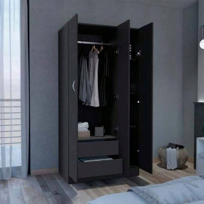 Wardrobe Armoire 71H with 3 - Doors and 2 - Inner Drawers, 3 Doors, Black