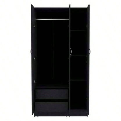 Wardrobe Armoire 71H with 3 - Doors and 2 - Inner Drawers, 3 Doors, Black