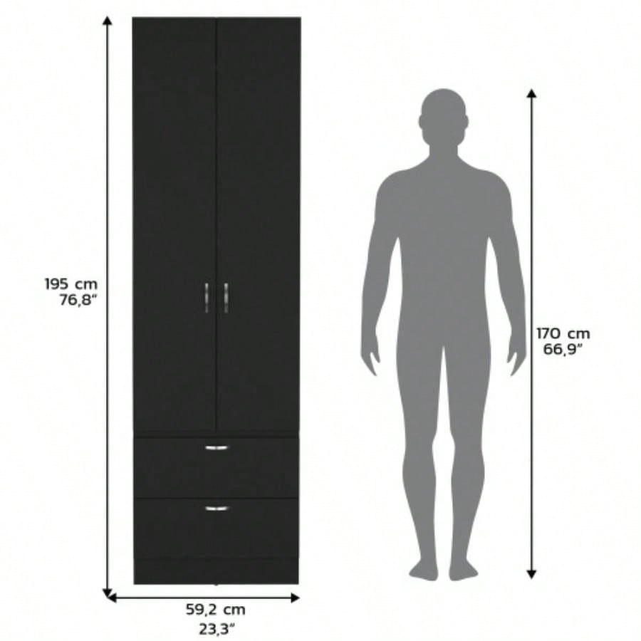 Armoire Wardrove 76 H, Hanging Rod, 2 Drawers, 1 Shelf, Black