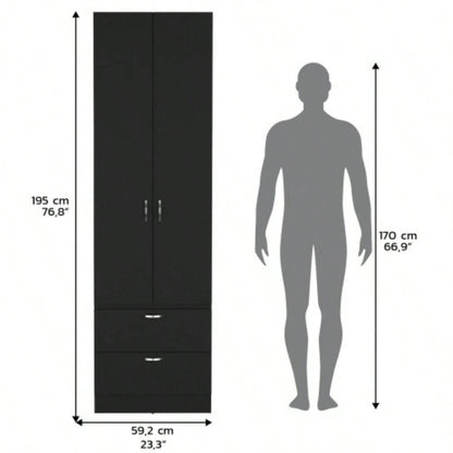 Armoire Wardrove 76 H, Hanging Rod, 2 Drawers, 1 Shelf, Black