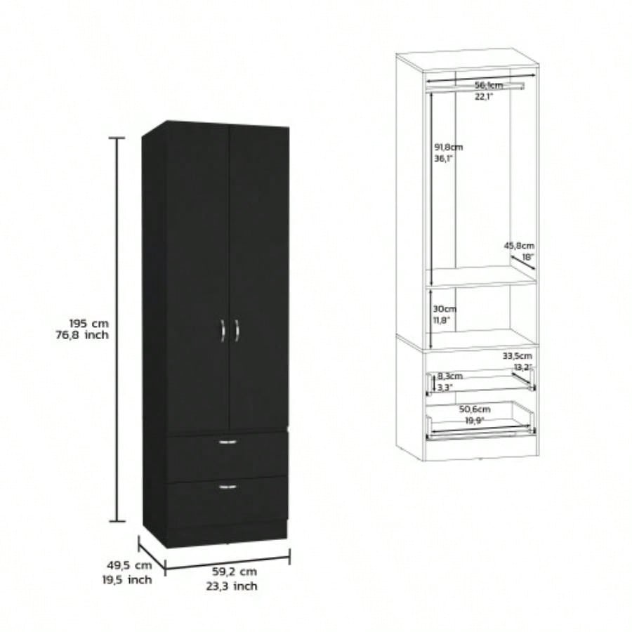 Armoire Wardrove 76 H, Hanging Rod, 2 Drawers, 1 Shelf, Black