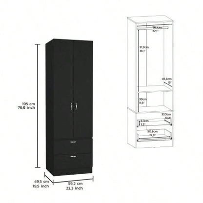 Armoire Wardrove 76 H, Hanging Rod, 2 Drawers, 1 Shelf, Black