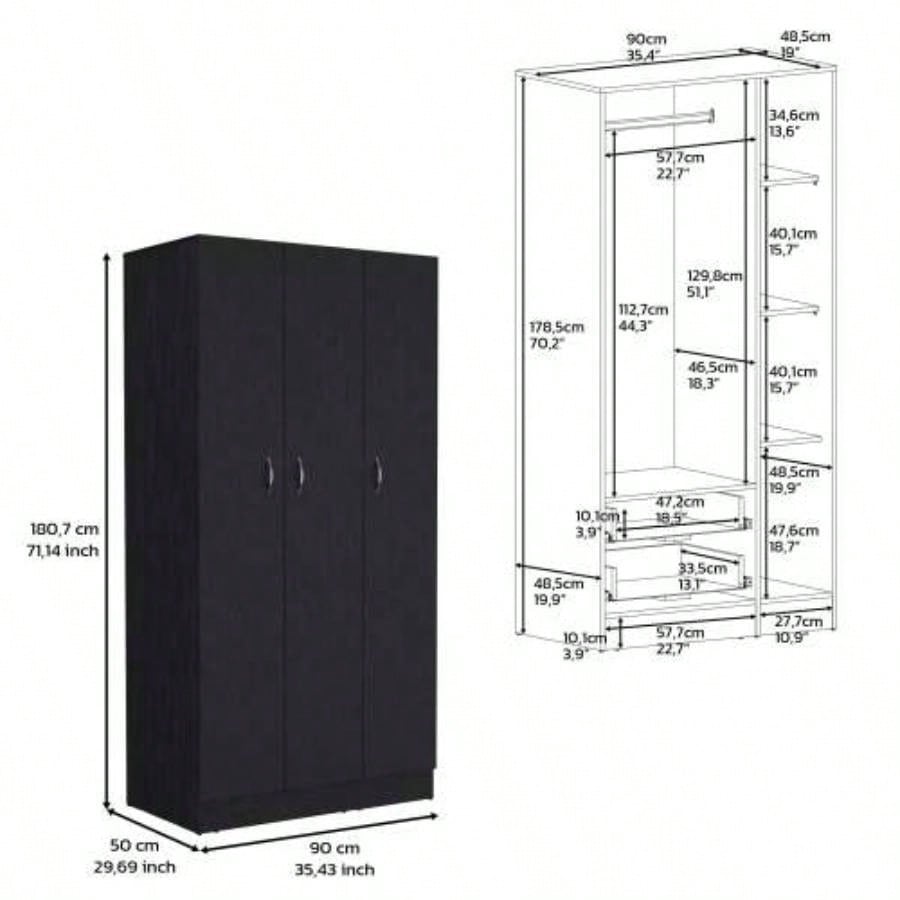 Wardrobe Armoire 71H with 3 - Doors and 2 - Inner Drawers, 3 Doors, Black